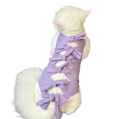 Lace-up cat sterilisation clothing in blue colour on cat showing adjustable back fastening and full-body coverage