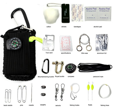 Hand-woven camping survival kit with 10.5m rope containing 25 tools including compass and medical supplies
