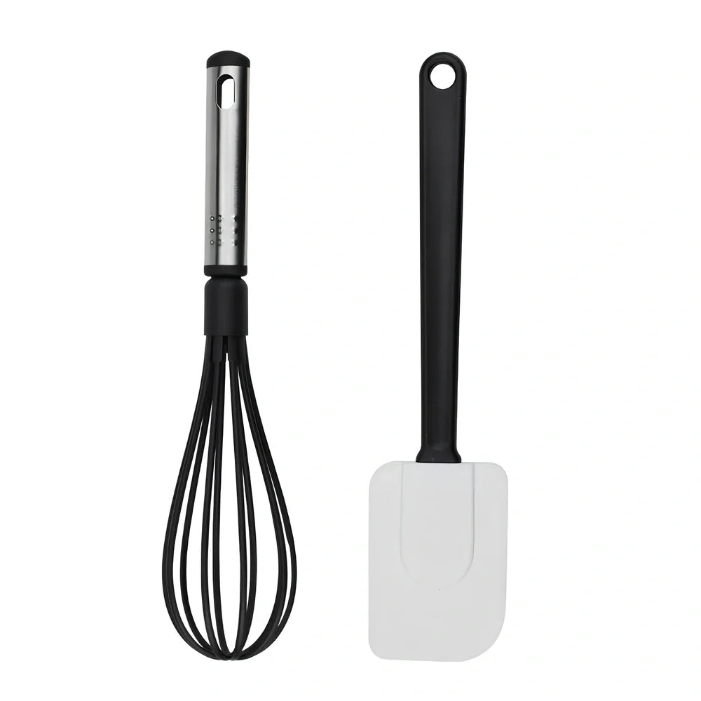 25-piece kitchen utensil set with hanging holes showing silicone heads and stainless steel handles organised on wall hooks