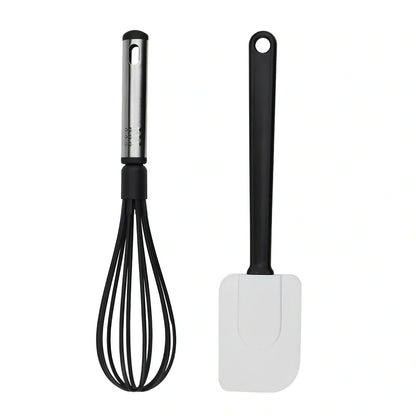 25-piece kitchen utensil set with hanging holes showing silicone heads and stainless steel handles organised on wall hooks