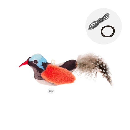 Bird simulation cat plush toy in four summer colour designs: colourful bird, sparrow, blue kingfisher and yellow bird