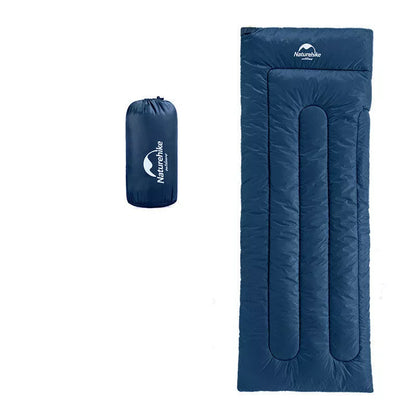 Lightweight camping sleeping bag in navy blue and army green with hollow cotton filling
