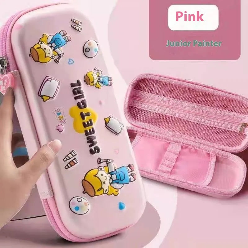 Leather 3D pencil case showing design themes: dinosaur, astronaut, mermaid, unicorn, and spaceship.