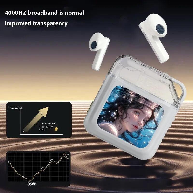 Grey and white Bluetooth headsets with colour display screens and in-ear design
