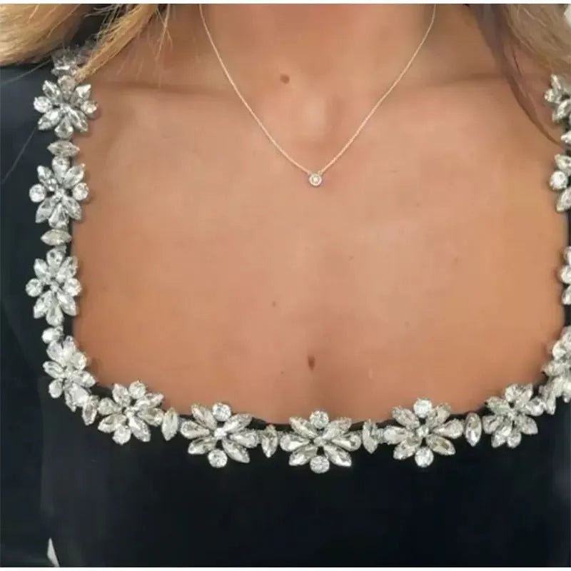 Square neck long-sleeved A-line dress with floral rhinestone design in black, white, and red