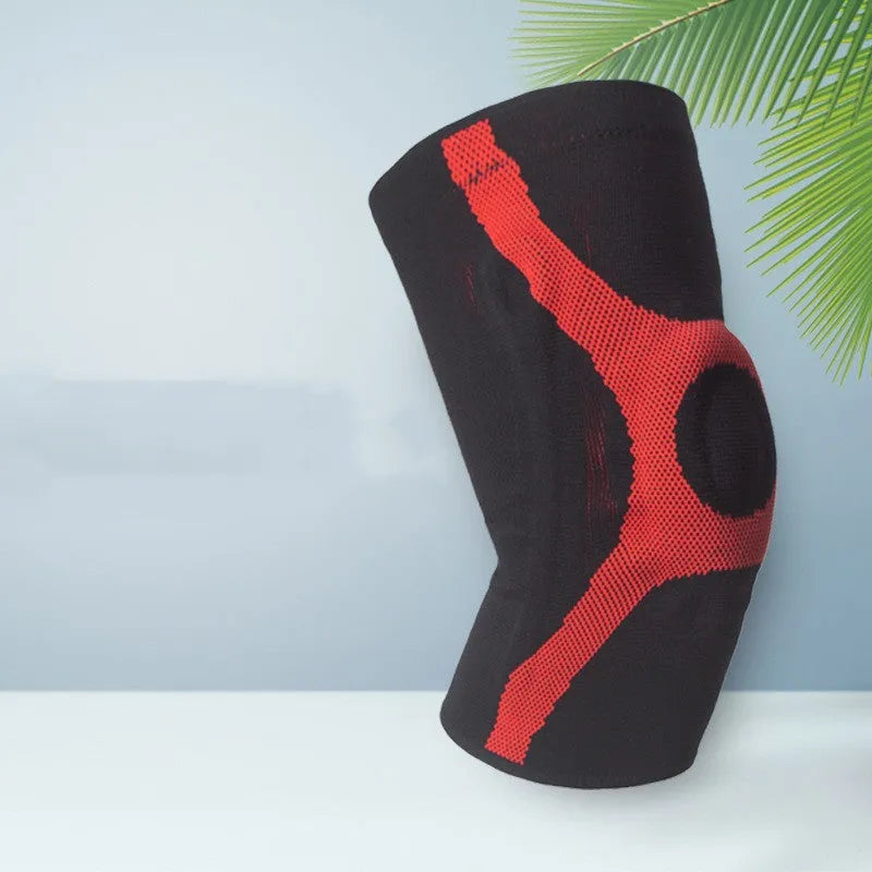 Red silicone knitted sports knee pad shown on a knee, demonstrating its non-slip design for running and climbing.