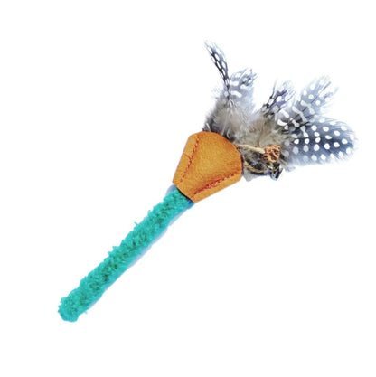 Polygonum wood cat chew toy with green and yellow feather attachments for dental health and interactive play