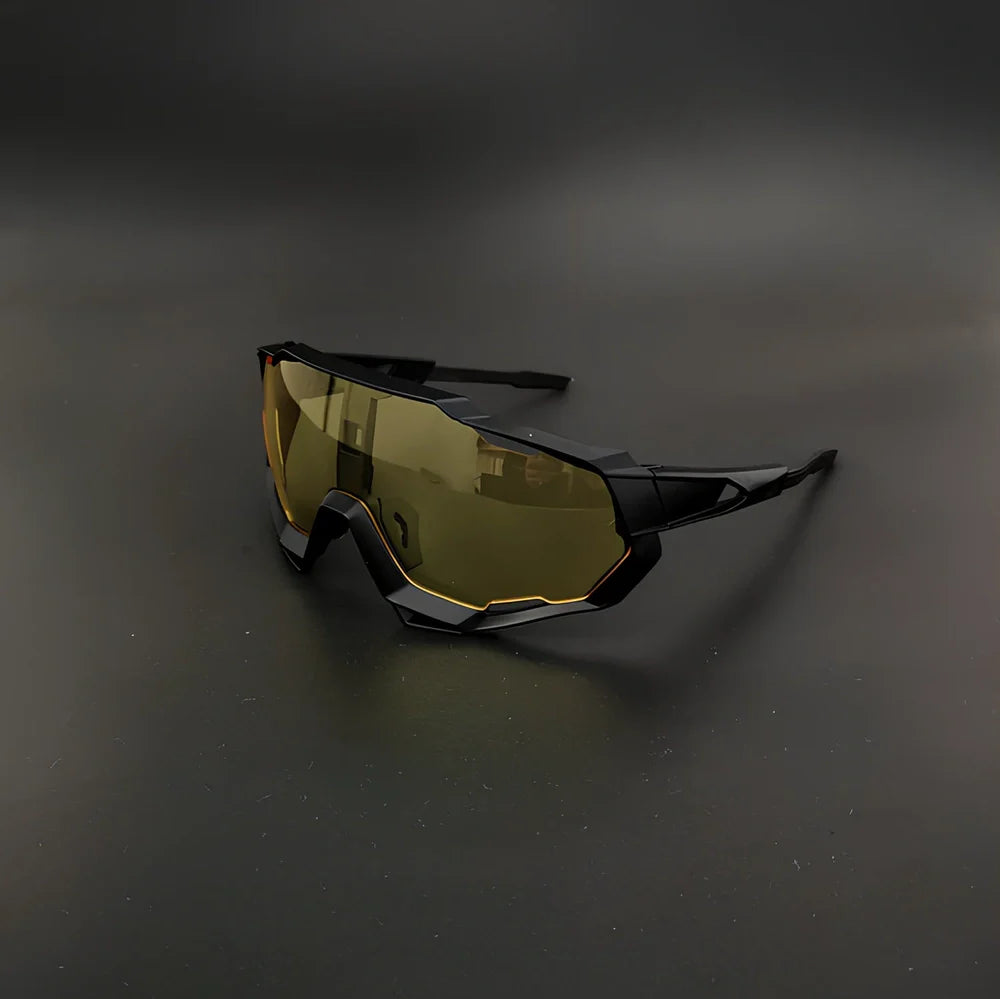 Cycling glasses with interchangeable lenses showing UV400 protection and lightweight frame design