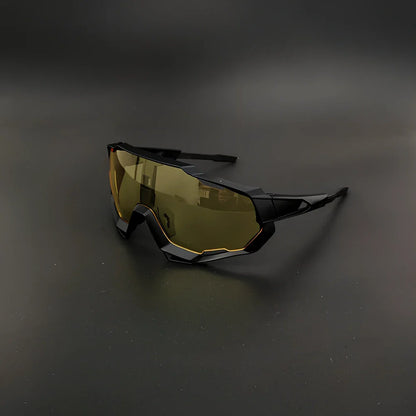 Cycling glasses with interchangeable lenses showing UV400 protection and lightweight frame design