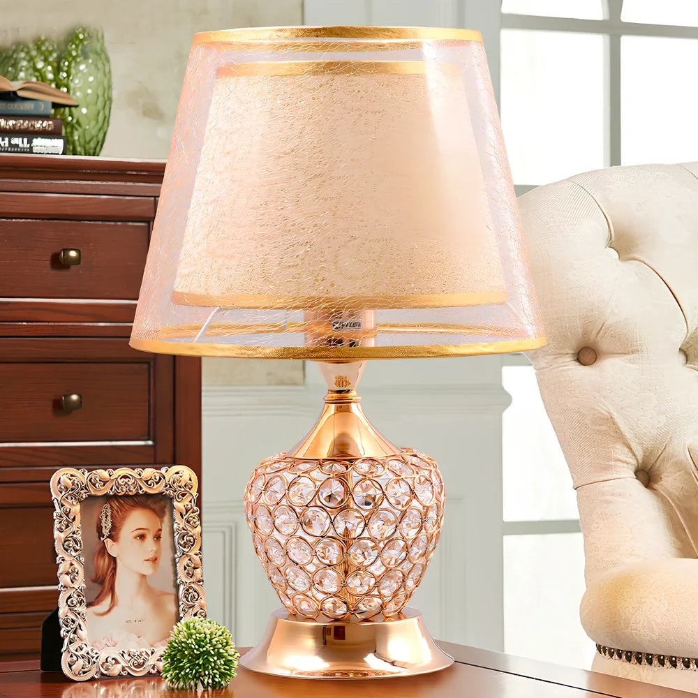 Gold crystal glass bedside lamp, 30cm height, chrome metal base for bedroom lighting in 5-15m² spaces