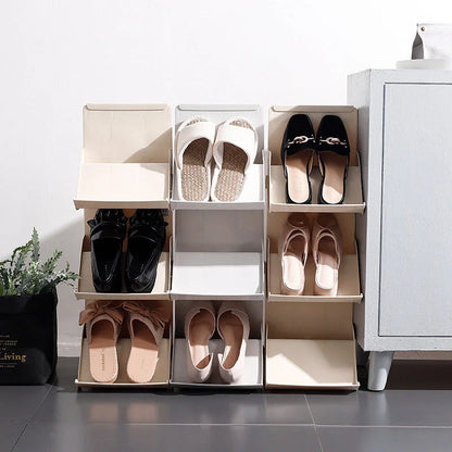 Multi-tier shoe rack organizer in beige and gray colors, featuring a stackable design to maximize storage space for various shoe types