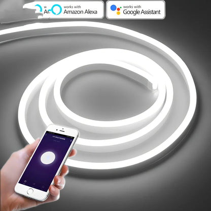 Flexible smart LED neon light strip showing curved installation with mobile app control interface