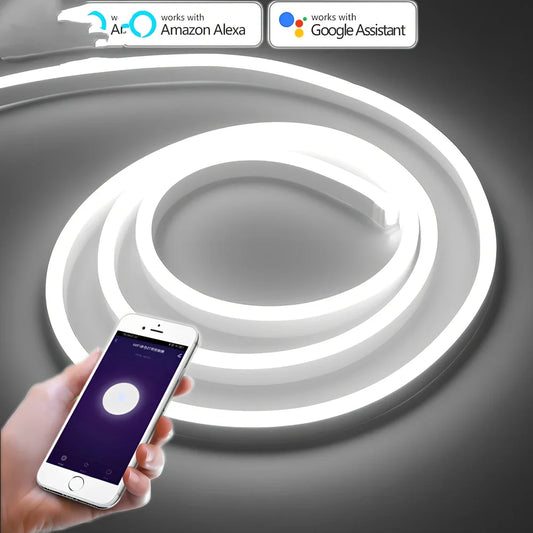 Flexible smart LED neon light strip showing curved installation with mobile app control interface