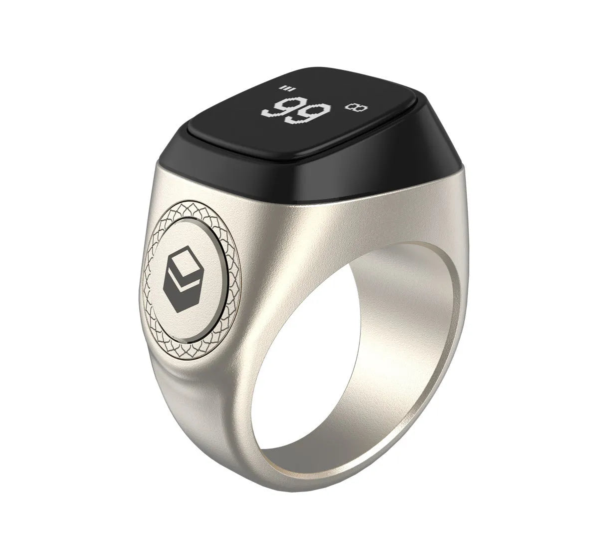 Zikr1 smart ring in metal with OLED display showing time and Tasbih count, sizes 18mm-22mm