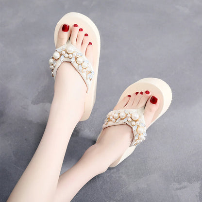 Women's black and beige high-heeled flip-flop sandals with cotton cloth straps