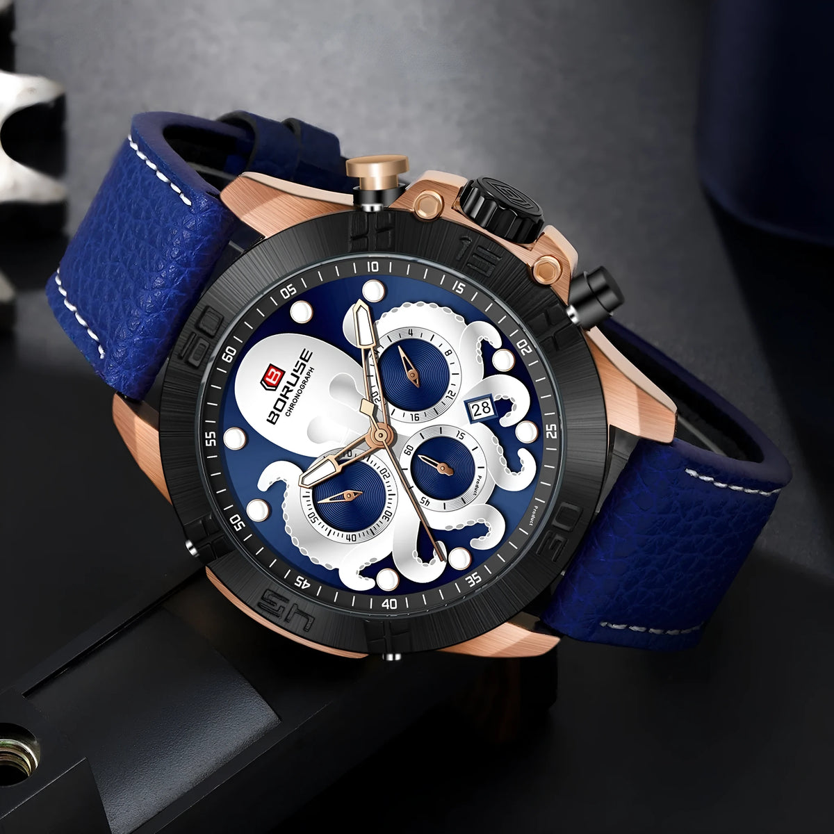 Octopus men's waterproof luminous quartz watch with blue or black colour options
