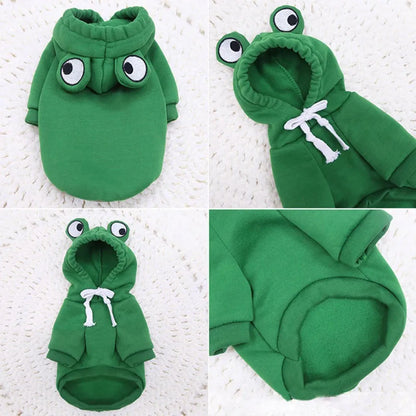 Green frog costume hoodie for a small dog, showing hood with ears and sweatshirt body.