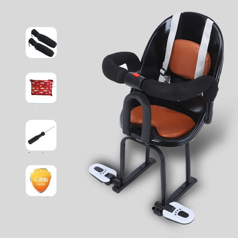 Front child seat for electric scooters with black steel frame measuring 20cm by 20cm by 53cm