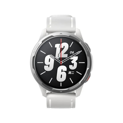 Dual-band GPS smart watch with a 1.43-inch screen in black, white, or blue silicone strap colours.