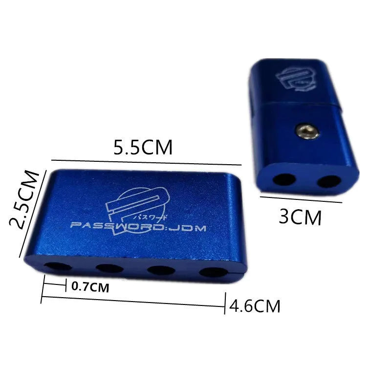 Three-piece metal car fastening clamp shown in six colour options: red, blue, silver, black, purple, gold.