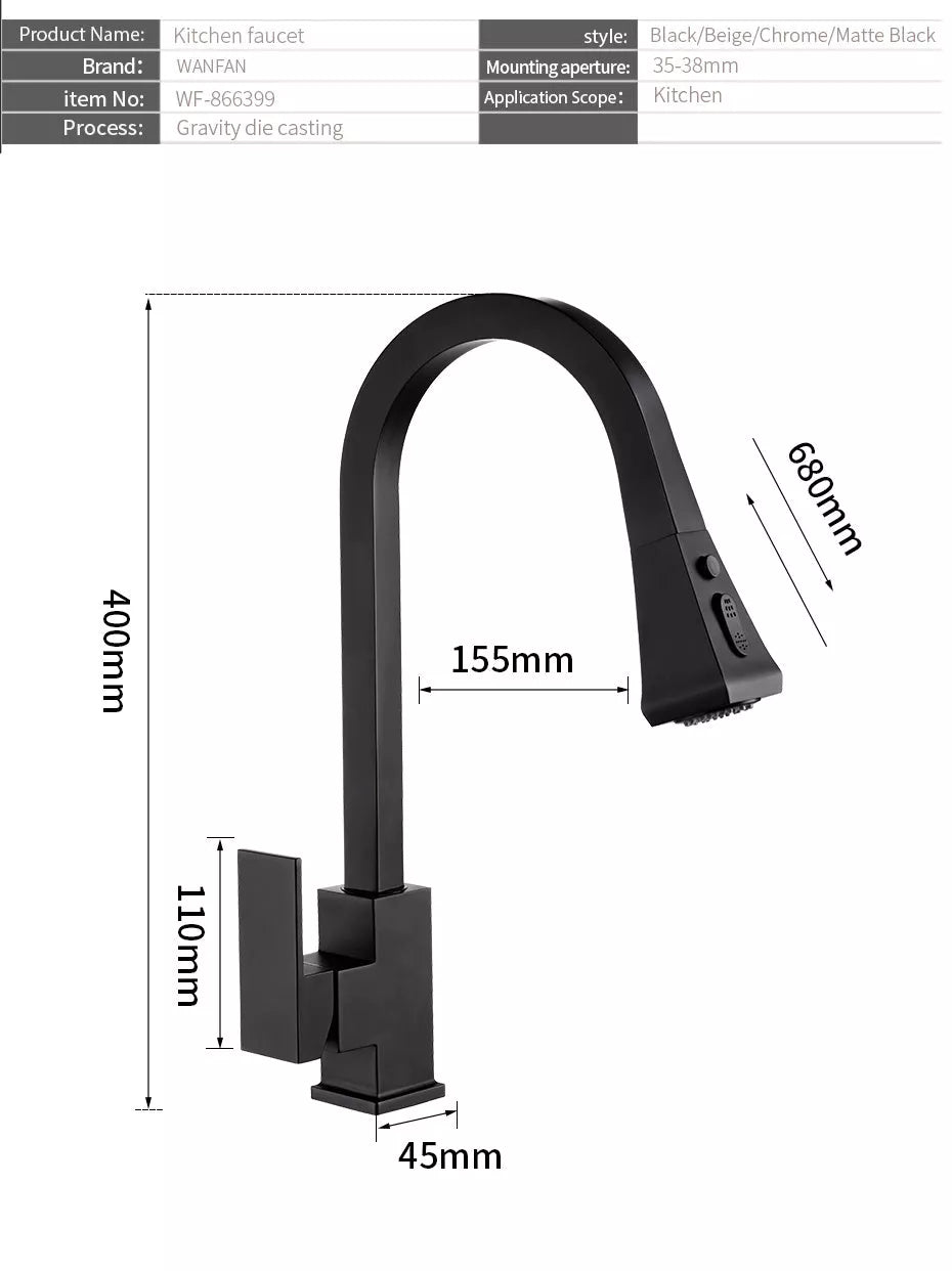Stretchable black copper kitchen faucet with double outlet mode