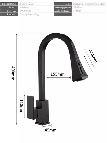 Stretchable black copper kitchen faucet with double outlet mode
