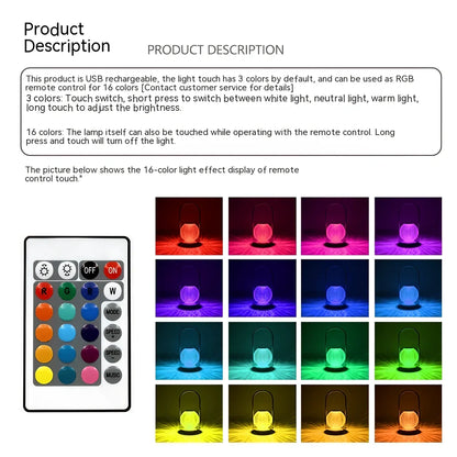 Metal portable ambience light with lantern shape measuring 11×23cm, showing touch controls and 27 colour options