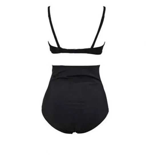 Black retro high waist bikini swimsuit with solid color design