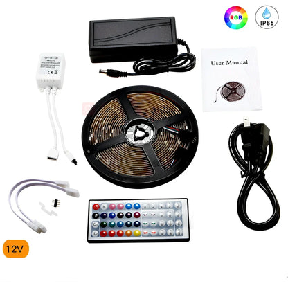 5 metre colour changing LED strip with remote control showing multiple colour options