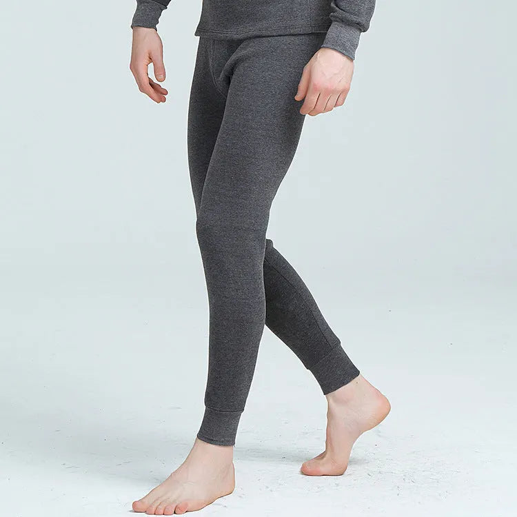 Men's plus velvet thick round neck thermal underwear set with long-sleeve pullover top and trousers in dark grey, light grey, black, or dark blue