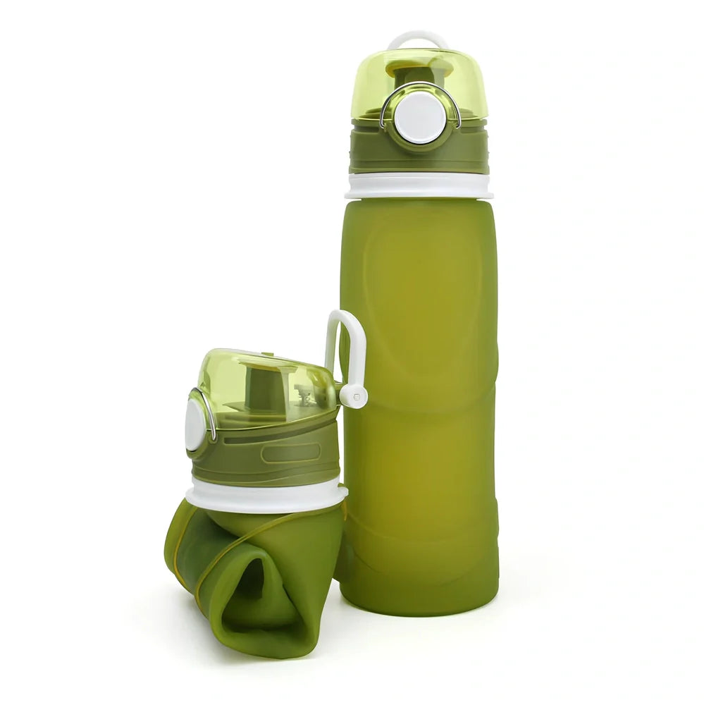 Orange silicone folding water bottle showing collapsed 7cm height and expanded 22cm height with 750ml capacity