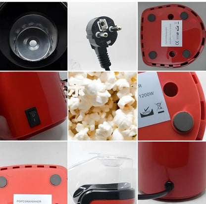 Red countertop popcorn machine with aluminium cooking surface and 1200W heating element