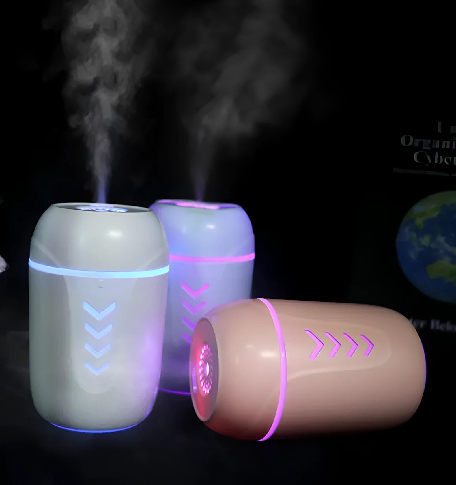 X3 model portable columnar humidifier in blue, with USB cable.