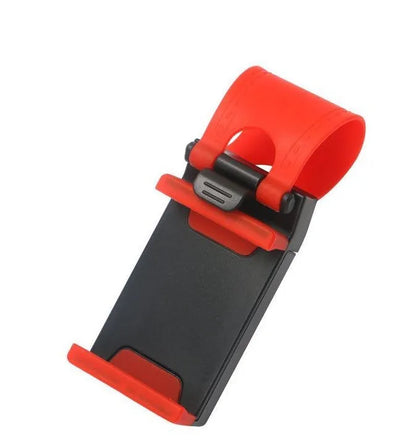 Black steering wheel phone holder with 75mm clip mounted on car wheel holding smartphone