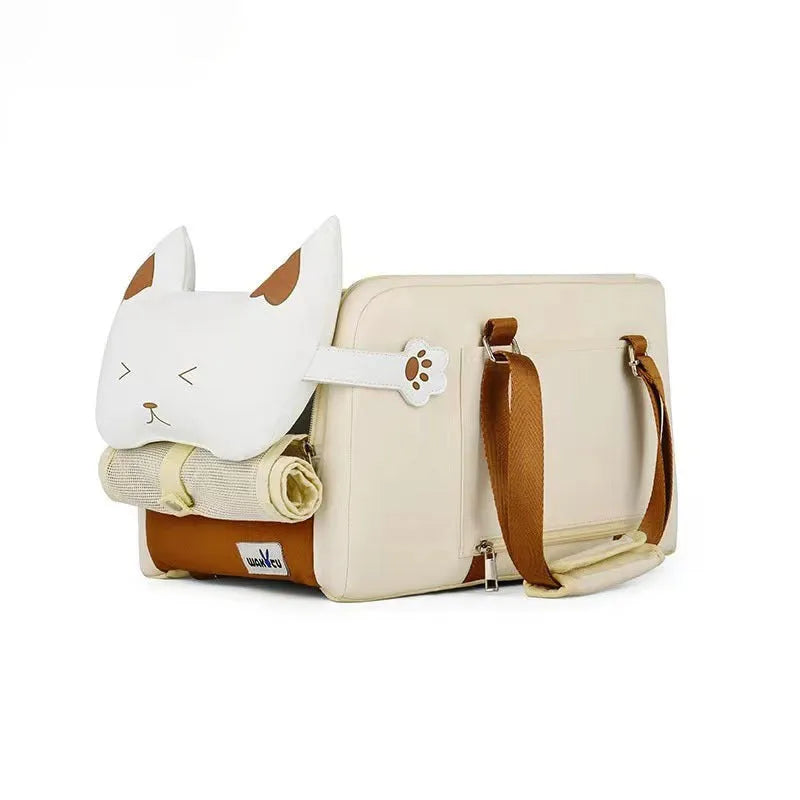 Beige hard-sided pet carrier with one-shoulder strap for cats and pets under 15kg