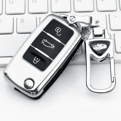 TPU car key bag in gem blue with folding design for three keys, showing single-shell construction