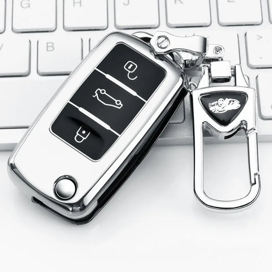 TPU car key bag in gem blue with folding design for three keys, showing single-shell construction