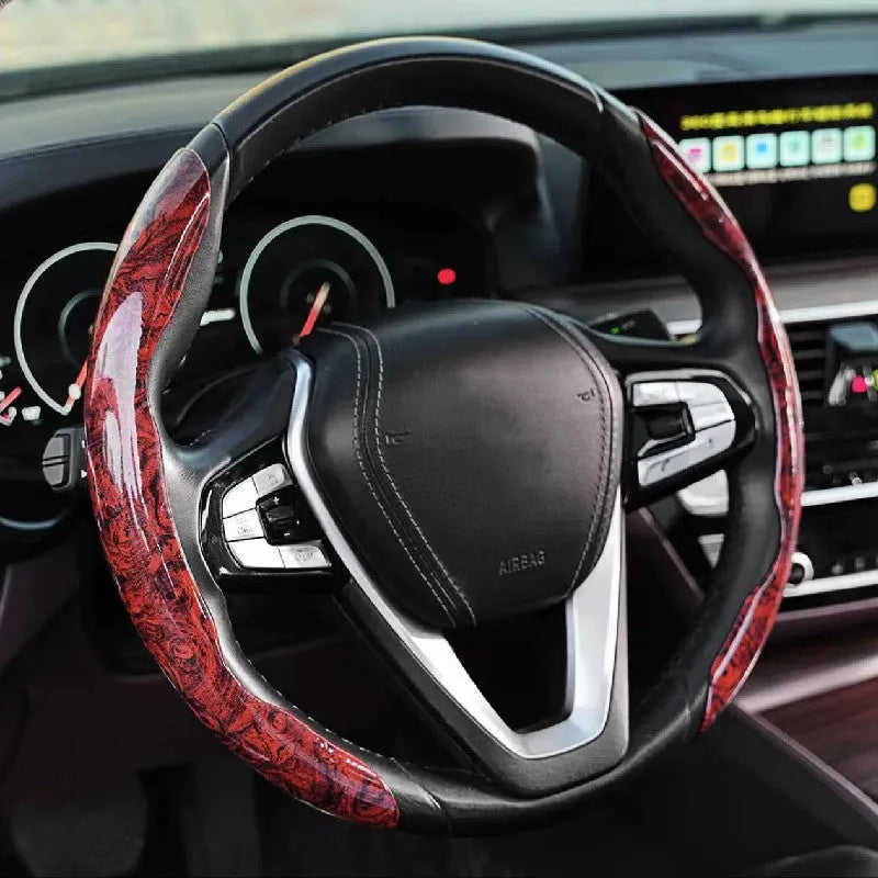 Peach wood grain steering wheel sleeve in crystal brown colour, fitted on a 38cm diameter wheel for sedans and off-road vehicles