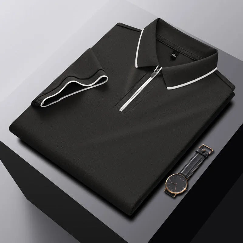 Men's solid colour short sleeve polo shirt with a silver front zipper, shown in beige apricot.