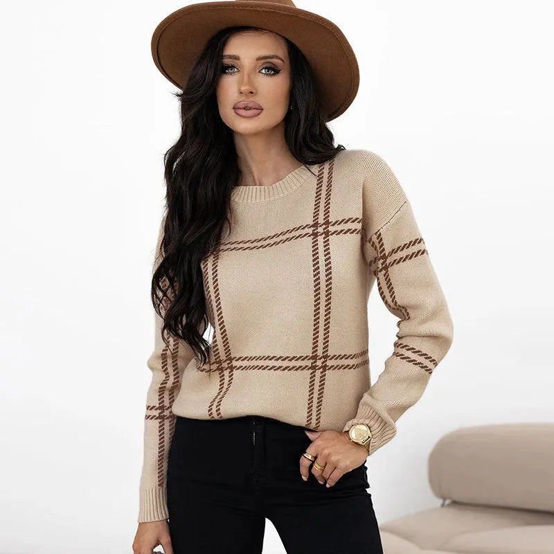 Women's loose-fit plaid colour-block acrylic sweater with apricot, black, beige stripes.