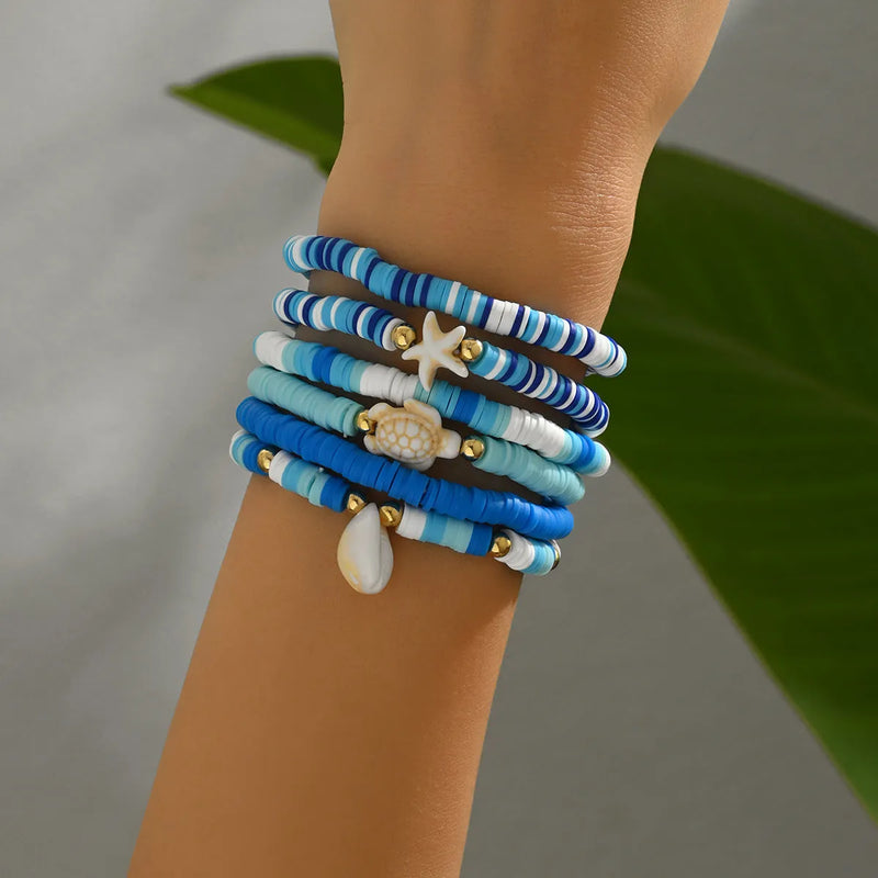 Handmade polymer clay bracelet set of 6 geometric shell design unisex bohemian blue S3162 colour wristwear accessory casual jewellery