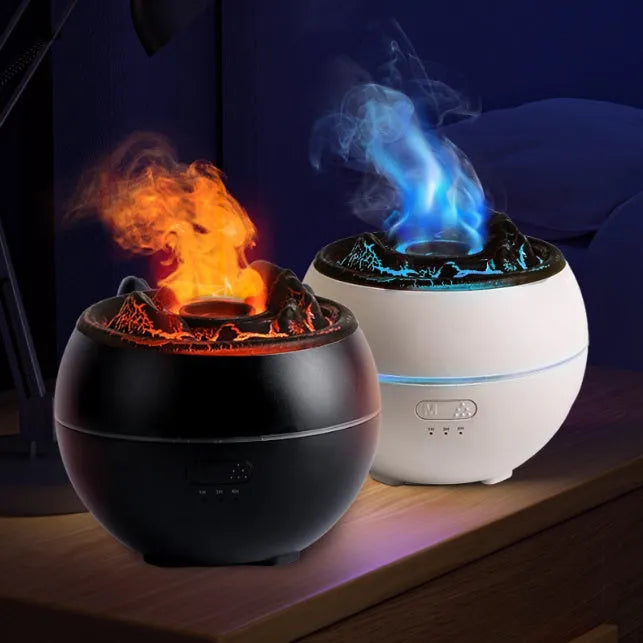 White flame aroma diffuser humidifier with round shape on wooden desk