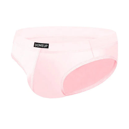 Men's solid colour seamless briefs in low waist style shown in black, white, and pink.