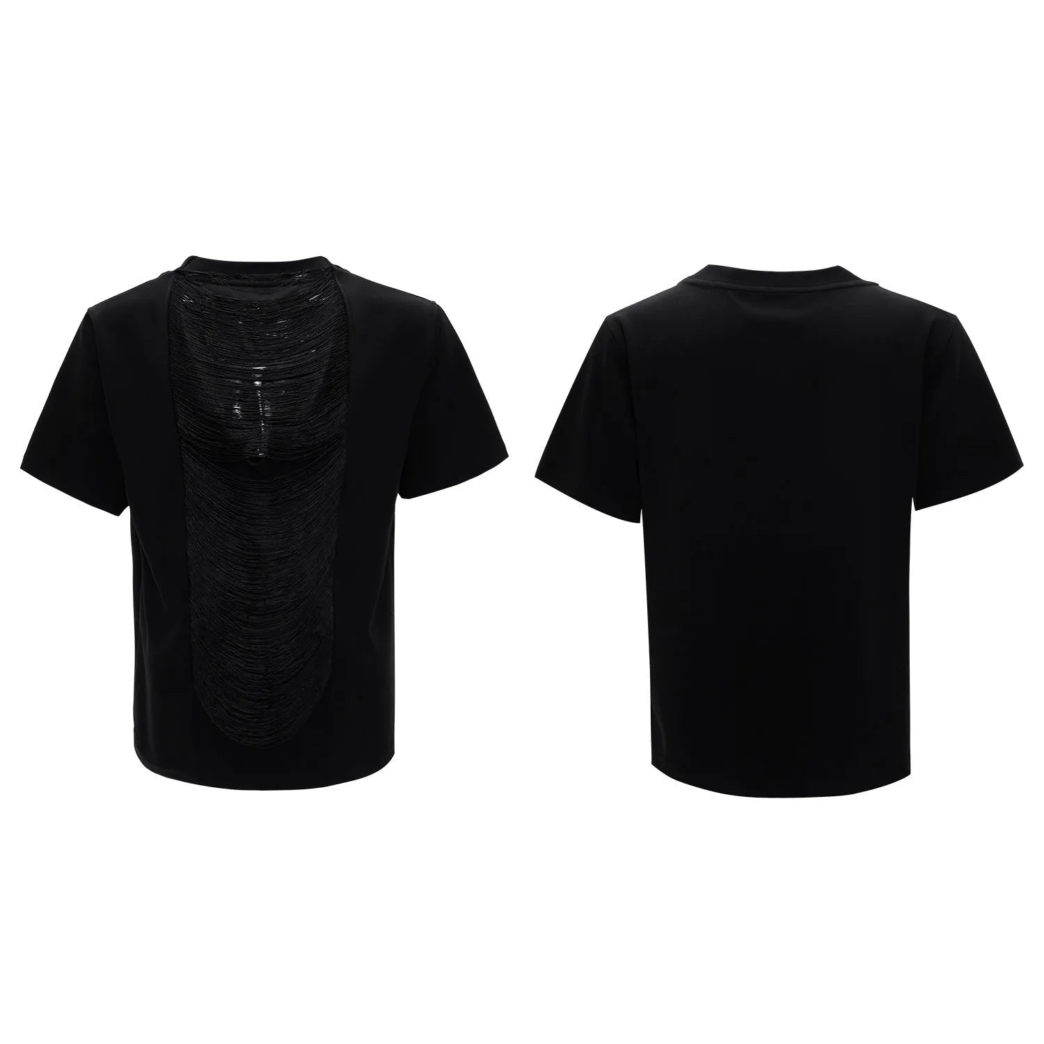 Men's loose fit black t-shirt with a hollow-out V-neck collar and tassel detail on short sleeves.