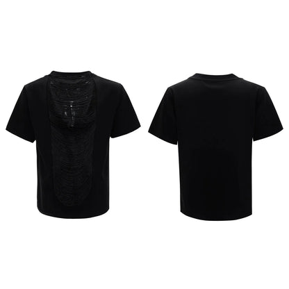 Men's loose fit black t-shirt with a hollow-out V-neck collar and tassel detail on short sleeves.