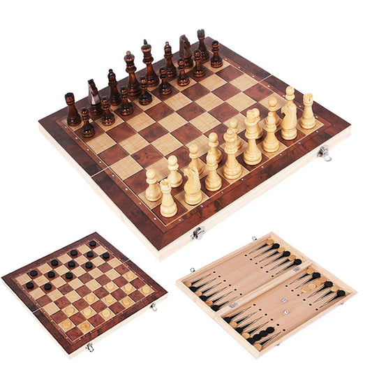 A high-quality wooden 3-in-1 portable game set including backgammon, chess, and checkers for travel and entertainment