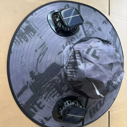 Men's grey solar-powered cooling cap with large eave and integrated fan for sun protection