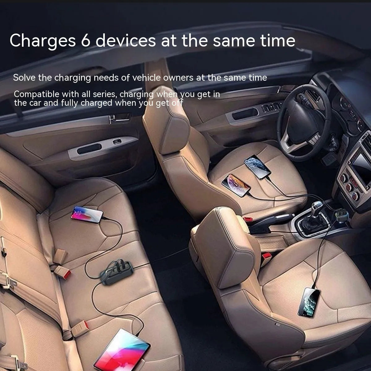 Automatic retractable vehicle charger with four USB ports and cigarette lighter plug showing extended cable