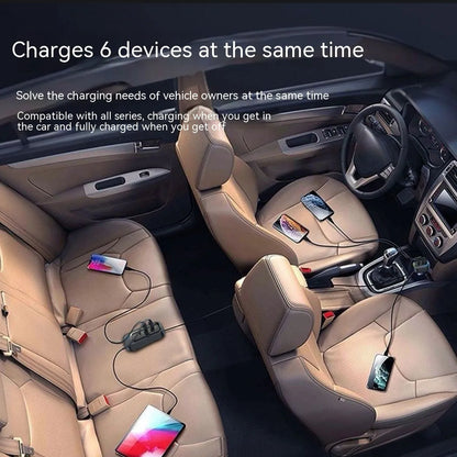 Automatic retractable vehicle charger with four USB ports and cigarette lighter plug showing extended cable