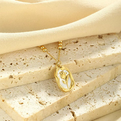 Rose white shell pendant necklace with 18K stainless steel chain